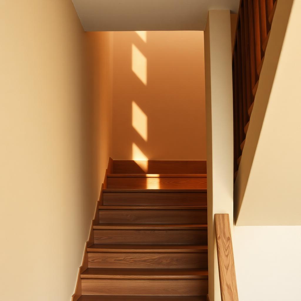 Sunlit wooden staircase with limewashed wall