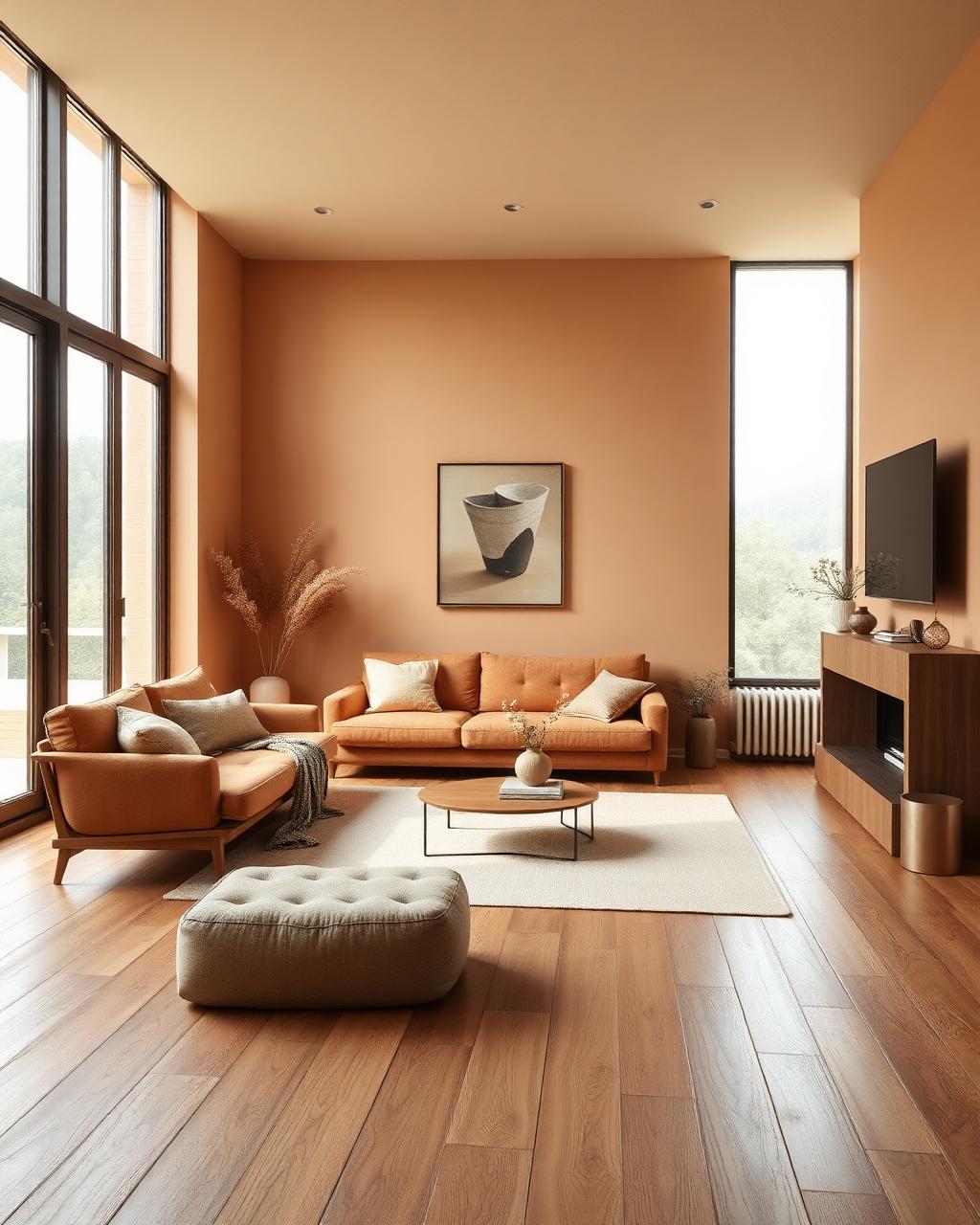 Warm modern living room with wood floors and natural light