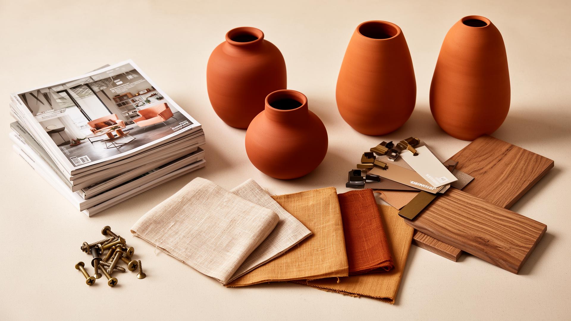 Editorial flat lay of terracotta vases, linen swatches, magazines and wood samples